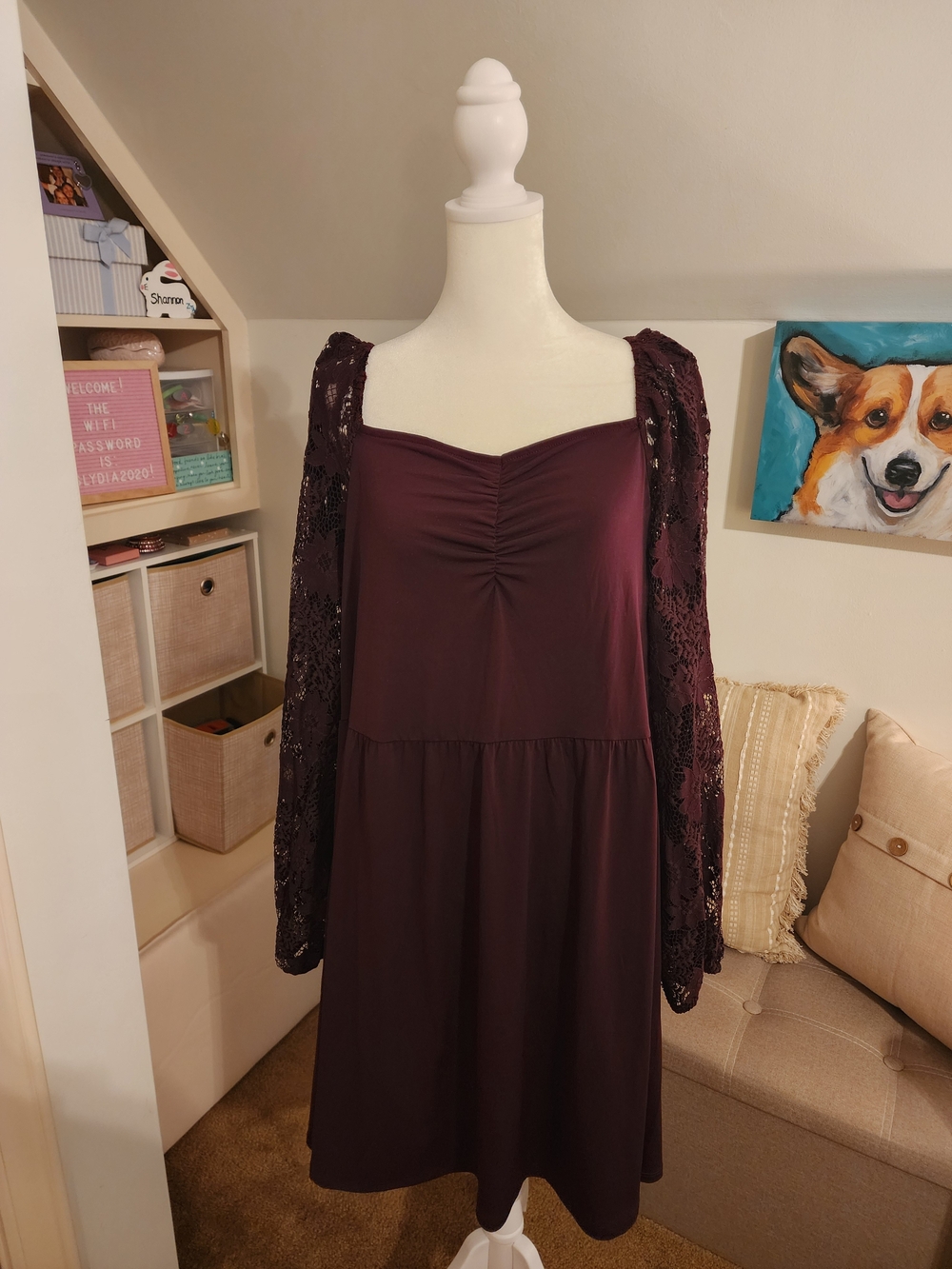 Maurices Plum Lace-Sleeve Square Neck Dress